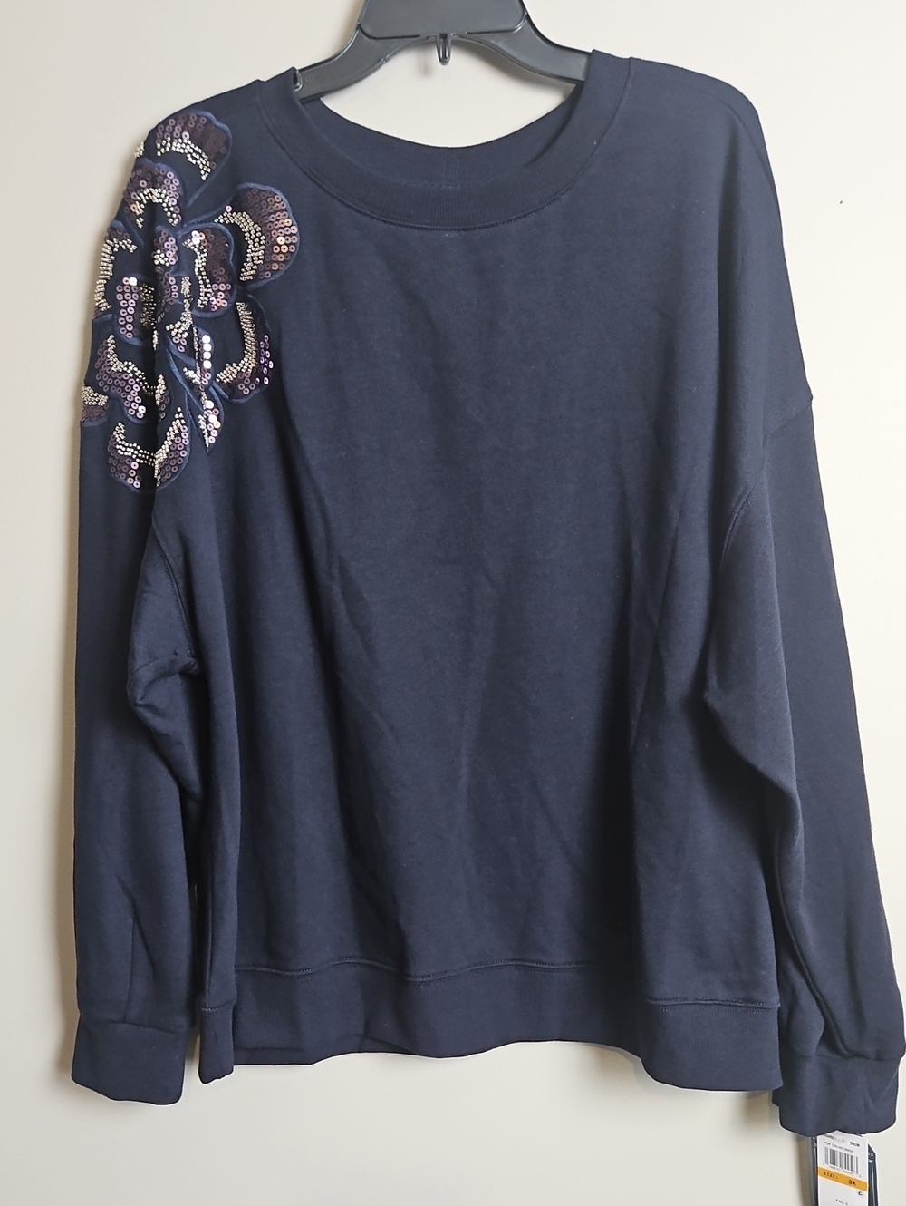 Democracy Long Sleeve Sweatshirt With Sequin/Bead Detail: Color-Navy: Size- 3X